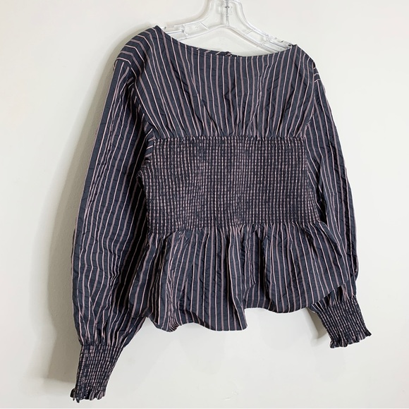 NEW Cinq à Sept Houston Striped Smocked Peplum Top *Graphite/Dark Salmon* Sz L - Picture 8 of 16